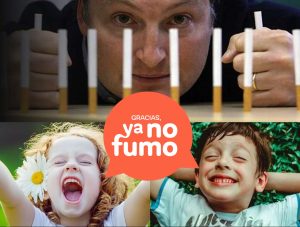 La cara de un hombre tras unos cigarros como simulando una carcel. Un niño y una niña sonriendo