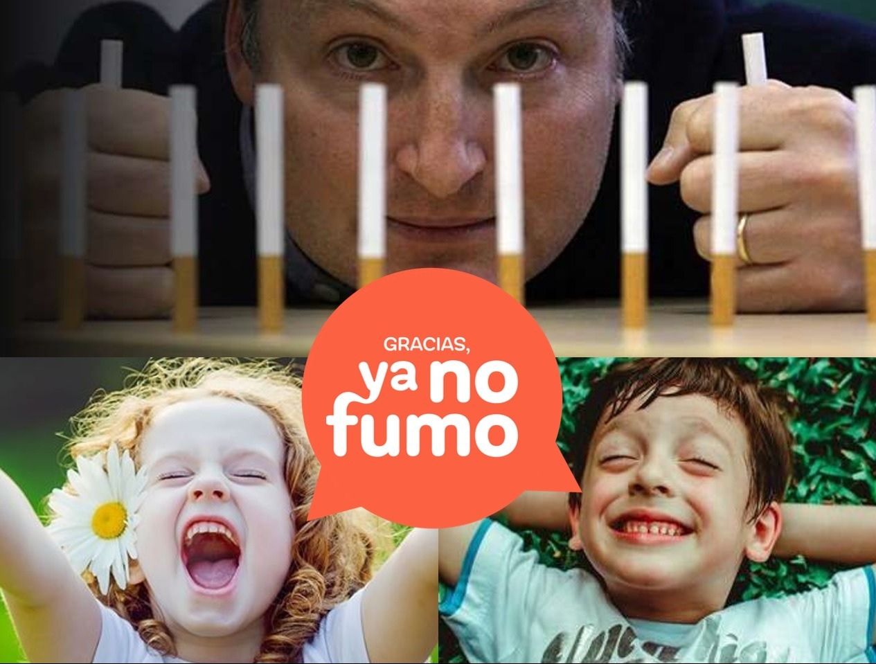 La cara de un hombre tras unos cigarros como simulando una carcel. Un niño y una niña sonriendo