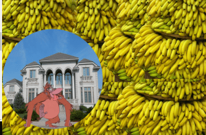 Un mono en el exterior de una mansión y muchos plátanos